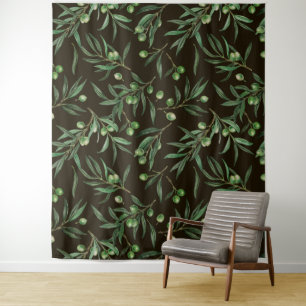 Tenture Aquarelle des branches d'olive en noir