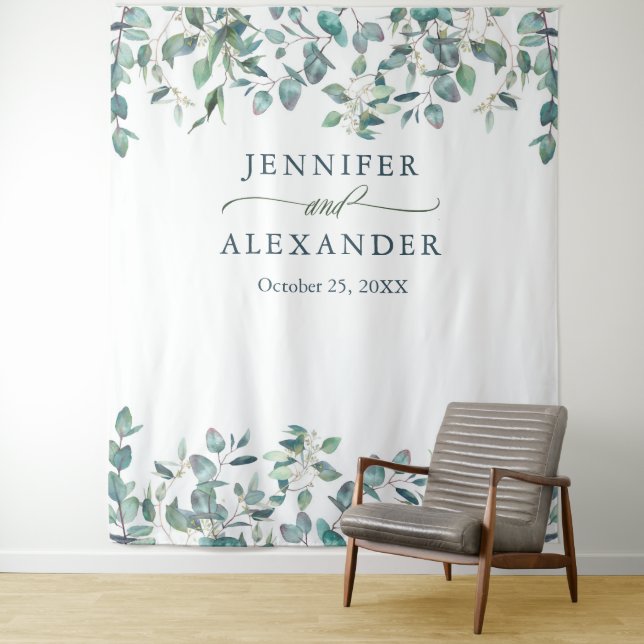 Tenture Aquarelle Eucalyptus Mariage Photo Booth fond (En situation)