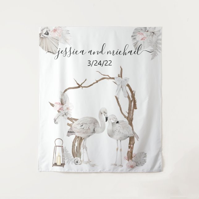 Tenture Aquarelle Flamant rose tropical Boho Blanc Floral (Devant)