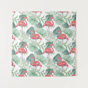 Tenture Aquarelle flamants roses et feuilles.