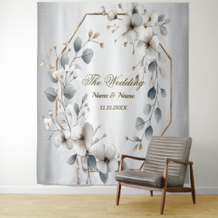 Tenture Aquarelle Fleurs blanches Cadre doré Argent Turquo