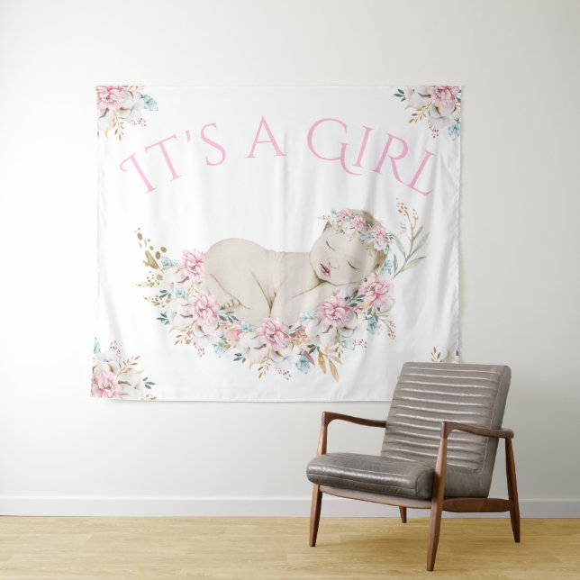 Tenture Aquarelle Floral Girl Baby shower de fond Bannière (En situation (horizontale))