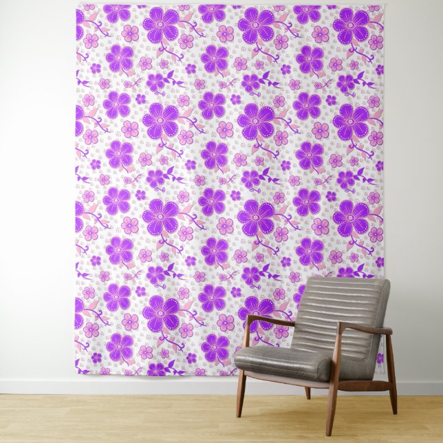Tenture Aquarelle florale simple impression violet et rose (En situation)