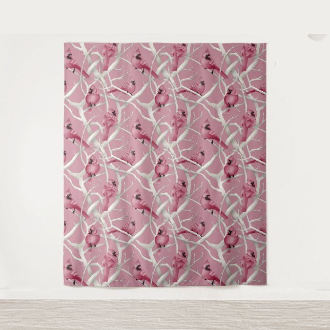Tenture Aquarelle Gris Et Rose Cardinal Birds Motif (Devant)
