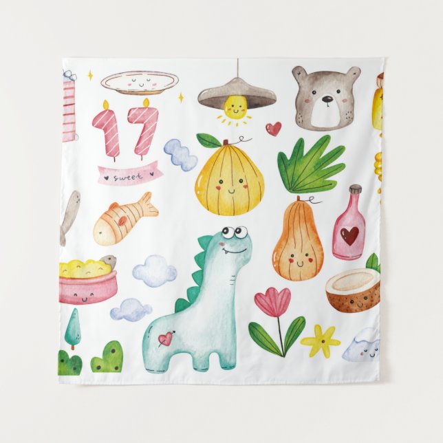 Tenture Aquarelle kawaii doodles isolés sur fond blanc (Devant)