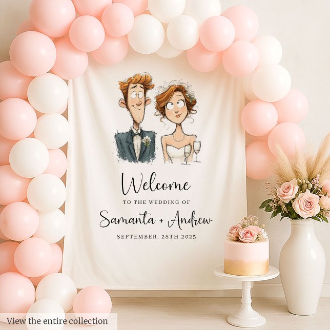 Tenture Aquarelle Mariage fond de scène Funny Mariée et ch (Watercolor Wedding Backdrop Funny Bride and Groom)