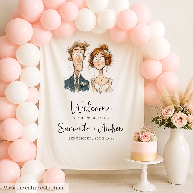 Tenture Aquarelle Mariage Tapestry Bride et Groom Quirky (Watercolor Wedding Tapestry Bride and Groom Quirky)