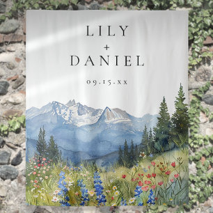 Tenture Aquarelle Montagnes Mariage Photo Booth fond