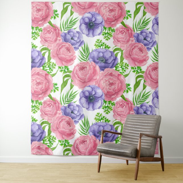 Tenture Aquarelle motif avec des fleurs de pivoine et d'an (En situation)
