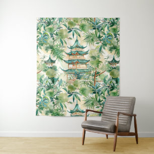 Tenture Aquarelle Pagode asiatique dans paysage verdoyant 