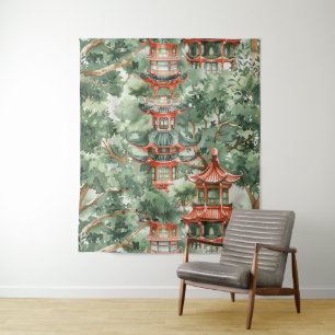 Tenture Aquarelle Pagode asiatique dans paysage verdoyant 