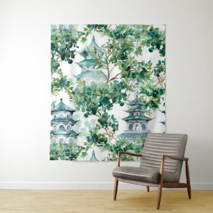 Tenture Aquarelle Pagode asiatique dans paysage verdoyant 