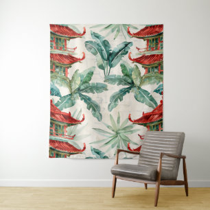 Tenture Aquarelle Pagode asiatique dans paysage verdoyant 