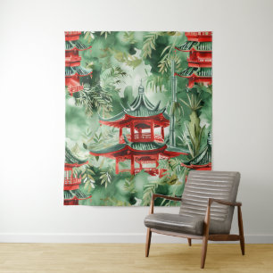 Tenture Aquarelle Pagode asiatique dans paysage verdoyant