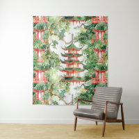 Aquarelle Pagode asiatique dans paysage verdoyant