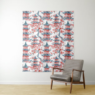 Tenture Aquarelle Pagode chinoise avec fleurs de cerisiers