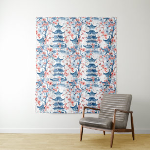 Tenture Aquarelle Pagode chinoise avec fleurs de cerisiers