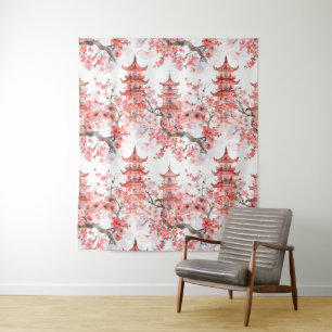 Tenture Aquarelle Pagode chinoise avec fleurs de cerisiers