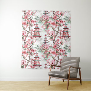 Tenture Aquarelle Pagode chinoise - Fleurs de cerisiers (1