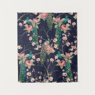 Tenture aquarelle paon motif sur une cerise d'arbre, fleur
