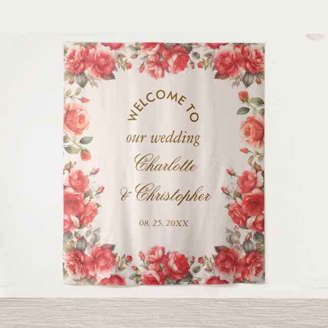 Tenture Aquarelle romantique Roses rouges Mariage Bienvenu (Devant)