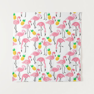Tenture Aquarelle rose flamant rose et ananas jaune