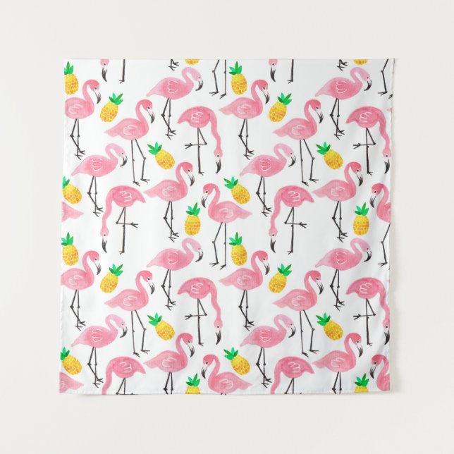 Tenture Aquarelle rose flamant rose et ananas jaune  (Devant)