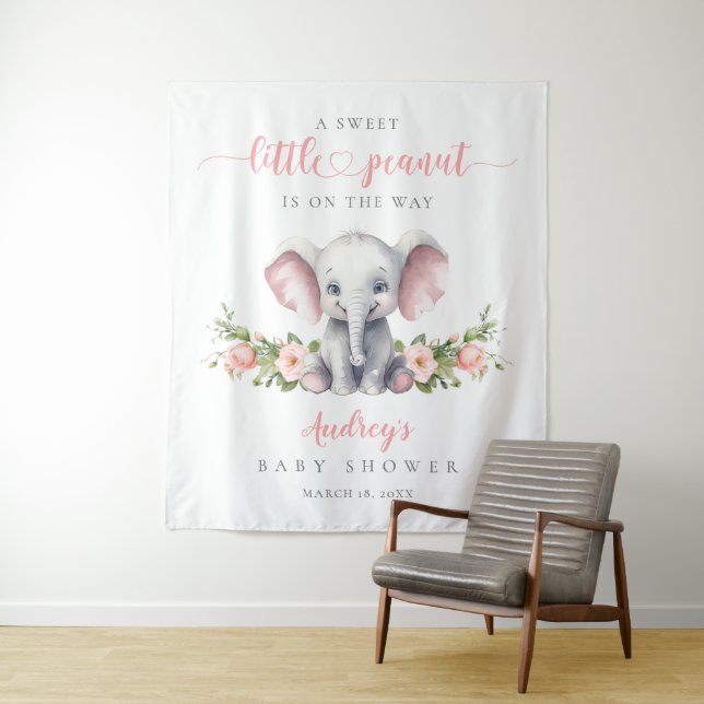 Tenture Aquarelle rose Floral Eléphant Bébé Fille Douche (En situation)