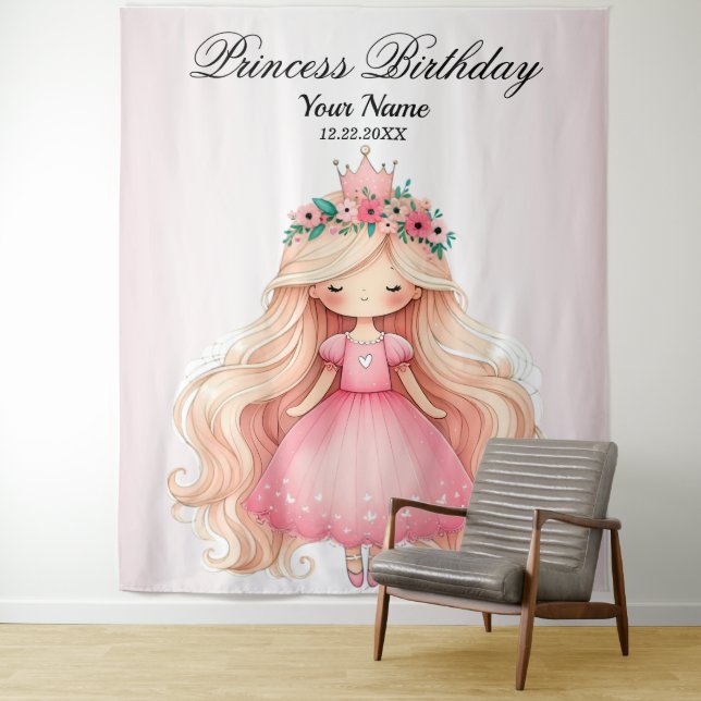 Tenture Aquarelle rose princesse Anniversaire (En situation)