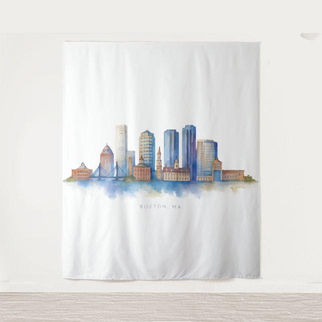 Tenture Aquarelle Skyline de Boston City | MA Boston moder (Devant)