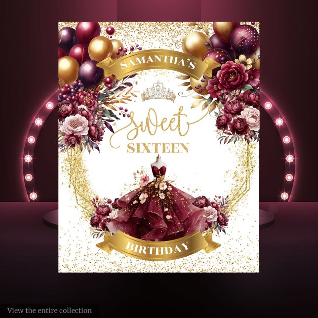 Tenture Aquarelle Sweet 16 Bannière Parties scintillant or (Watercolor Sweet 16 Banner Gold Glitter Burgundy Tapestry)