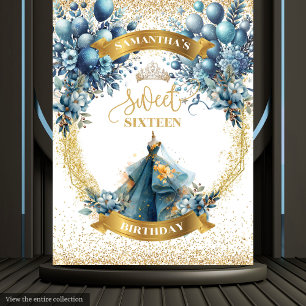 Tenture Aquarelle Sweet 16 Parties scintillant d'or bleu f