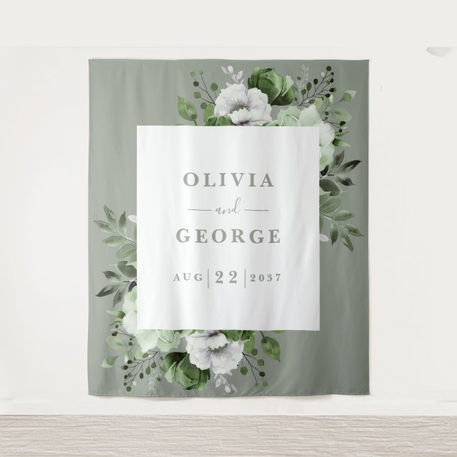 Tenture Aquarelle verte Sage Floral Photo Booth fond (Devant)