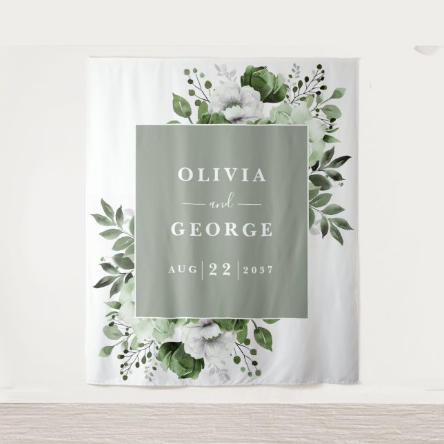 Tenture Aquarelle verte Sage Floral Photo Booth fond (Devant)