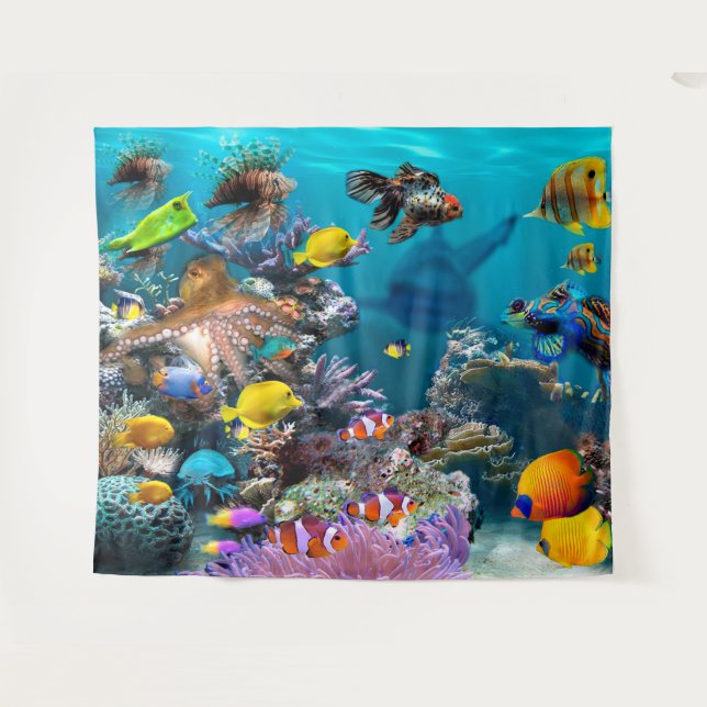Tenture Aquarium Scene sous-marine Poisson avec requin  (Devant (Horizontal))