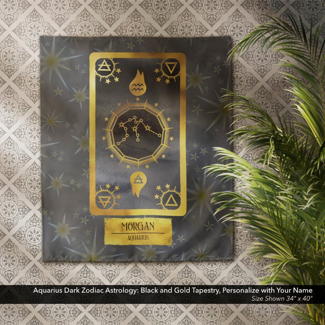 Tenture Aquarius Dark Zodiac Astrologie : Black Gold Nom (Aquarius Dark Zodiac Astrology: Black and Gold Tapestry, Personalized with Your Name.)