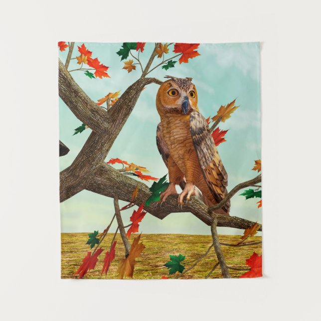 Tenture Arbre de l'érable de la chouette d'automne Art fau (Devant)