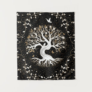 Tenture Arbre de vie - Yggdrasil - noir blanc et or