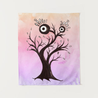Tenture Arbre fou Créature Encre Art Imaginaire rose