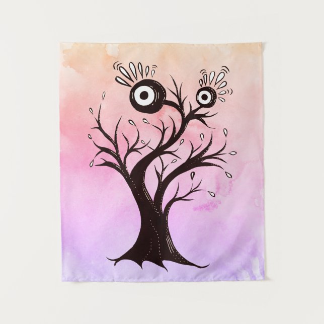 Tenture Arbre fou Créature Encre Art Imaginaire rose (Devant)
