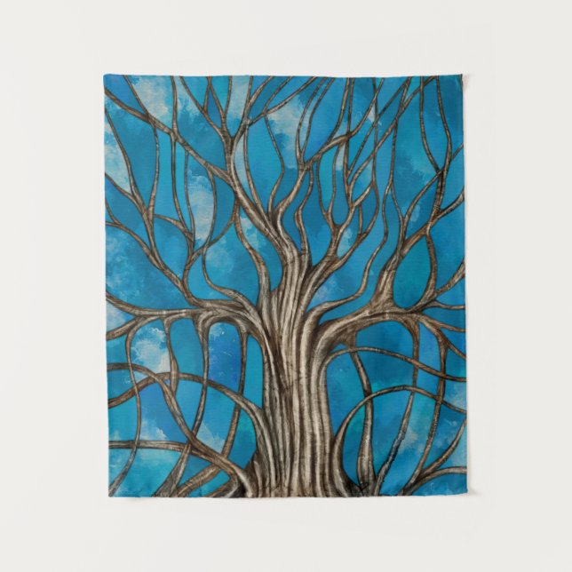 Tenture Arbre mystique de la vie Mosaic Bleu Aquarelle (Devant)