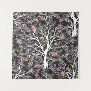 Tenture arbre noir transparent avec motif de fleurs coloré