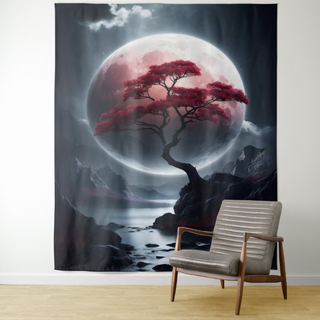 Tenture Arbre rose de style japonais mystique (En situation)