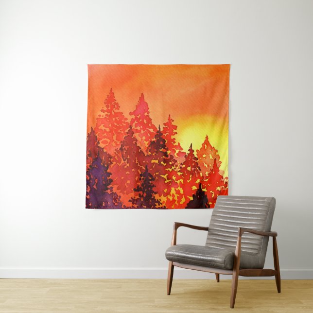 Tenture Arbres d'aquarelle au coucher de soleil chaud (En situation (horizontale))