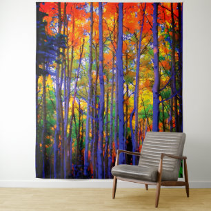 Tenture Arbres d'automne aux troncs bleus et aux feuilles 