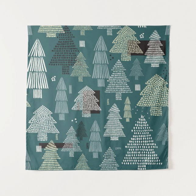 Tenture Arbres d'hiver, motif vintage de Noël. (Devant)