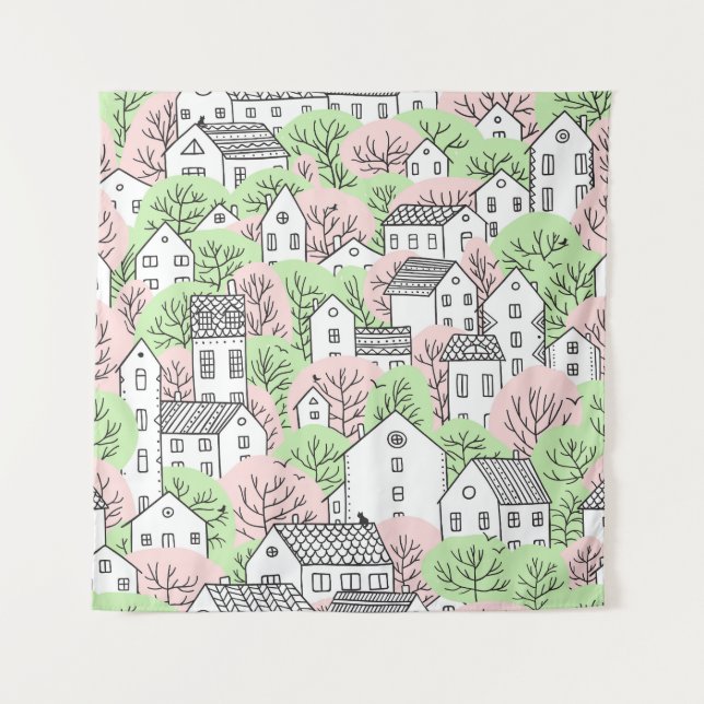 Tenture Arbres, maisons, paysage de la ville de printemps (Devant)