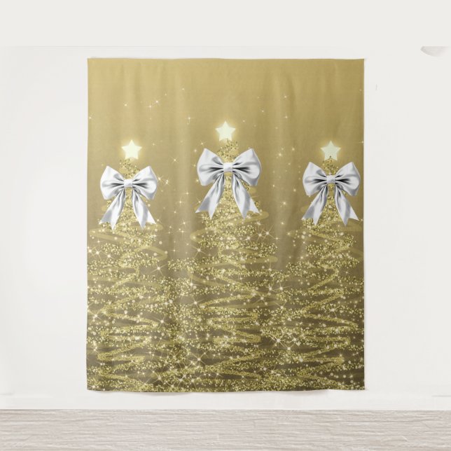 Tenture Arbres scintillants de Noël Or Faux Ruban d'argent (Devant)