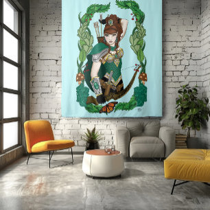 Tenture Archère Elfe de la Forêt Enchantée Verte Fantastiq