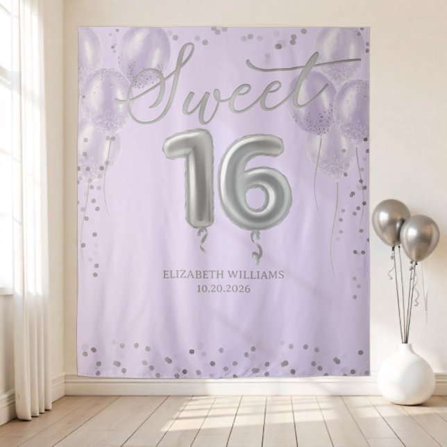Tenture Argent Foil Sweet 16 Ballons Lavande arrière (Créateur téléchargé)